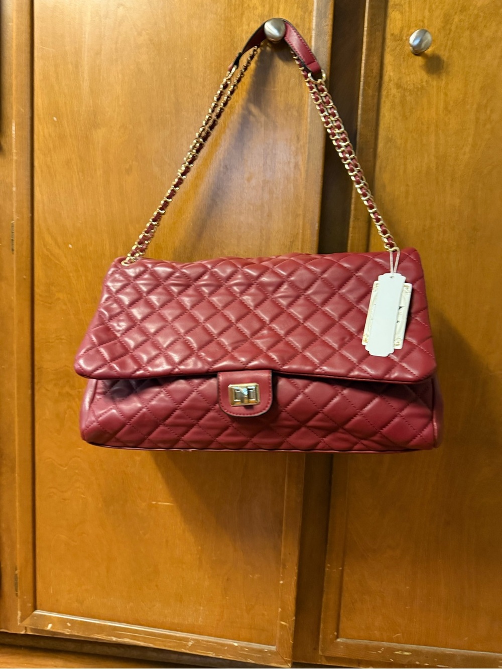 Quilted Burgundy Chain-Handle Shoulder Bag